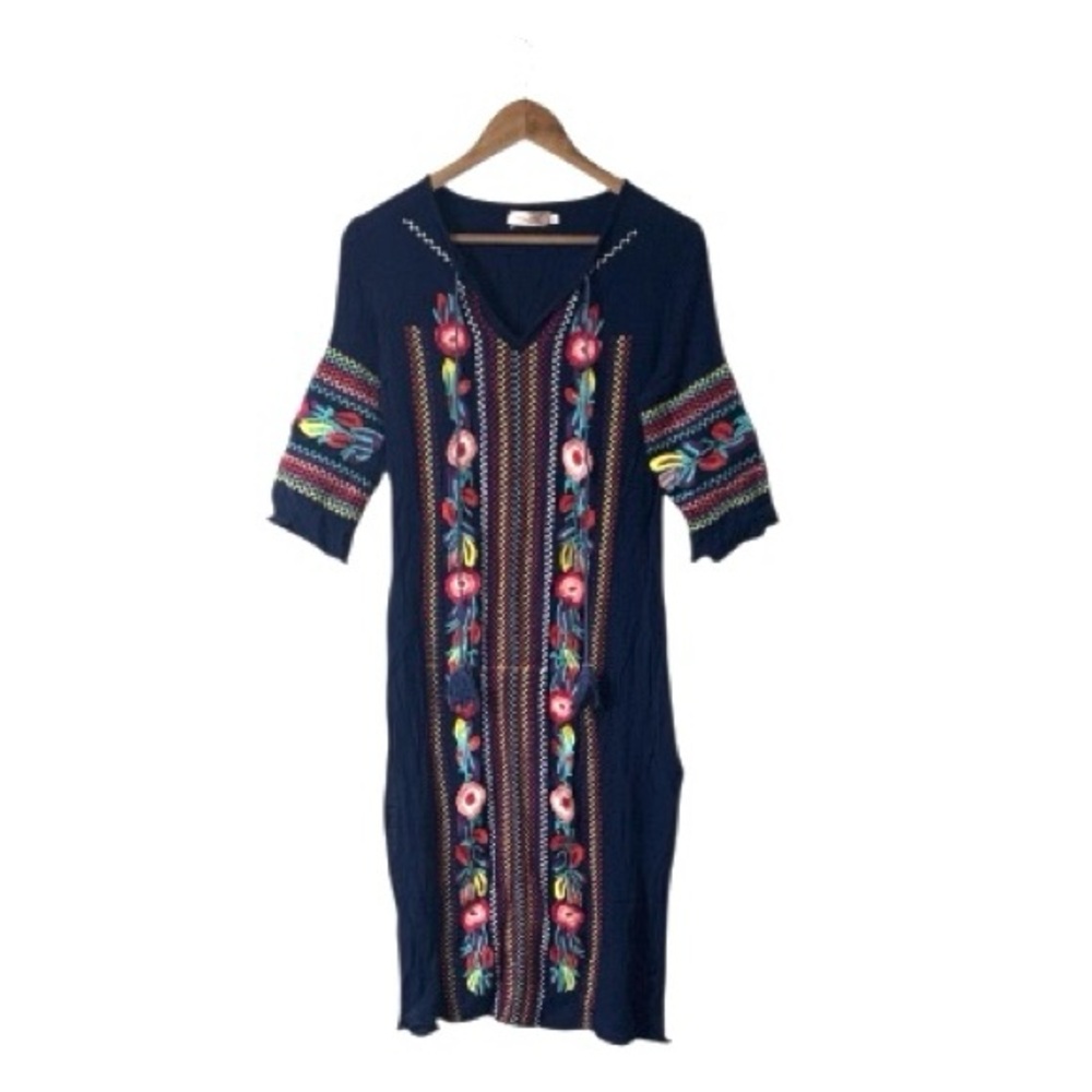 Mo Huan Yi Chu Anthropologie Blue Pink Embroidery Swim Dress Coverup Size Large